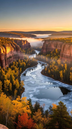 Aerial view of a serene river flowing through a vibrant autumn landscape with rocky cliffs and misty atmosphere at sunriseの写真素材