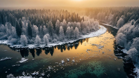 A serene winter landscape with a frozen river and snow-covered trees at sunriseの写真素材