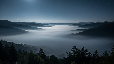 A serene mountain landscape shrouded in mist under a starry night skyの写真素材