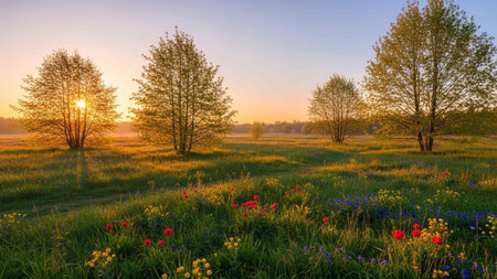 A serene landscape of a field with trees and colorful flowers at sunset
