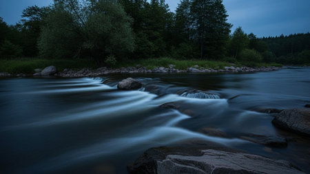 A serene river flows gently over rocks in a peaceful natural landscape