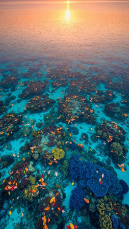 Aerial view of a vibrant coral reef at sunset with clear ocean water