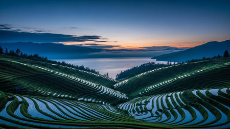 A serene landscape of terraced rice fields at sunset with mountains in the background