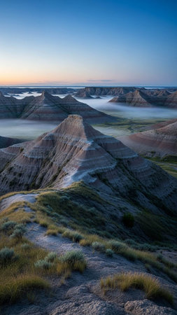 A serene landscape of rolling hills and mountains at sunrise