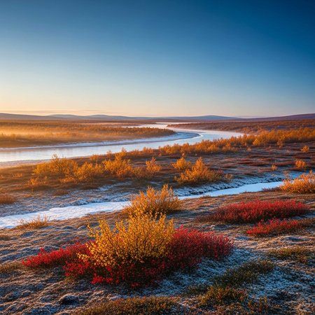 A serene landscape of a winding river flowing through a vibrant valley at sunsetの写真素材