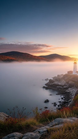 A serene lighthouse stands on a rocky coastline at sunset over calm watersの写真素材