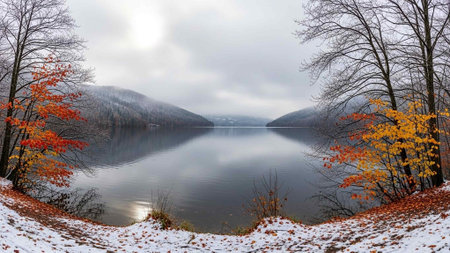 A serene lake surrounded by mountains and trees in autumn and winter