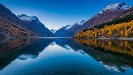 A serene mountain lake surrounded by snow-capped peaks and autumn foliageの写真素材