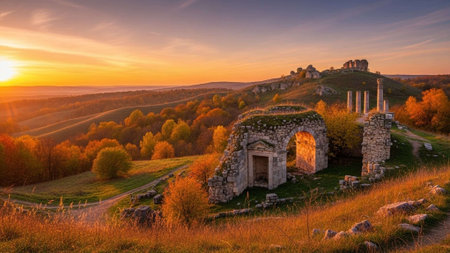 Ancient stone ruins stand majestically at sunset in a serene landscapeの写真素材
