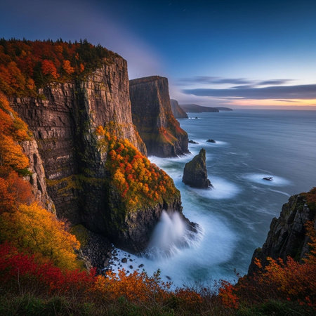 A stunning cliffside landscape with ocean waves crashing against the rocks during autumn