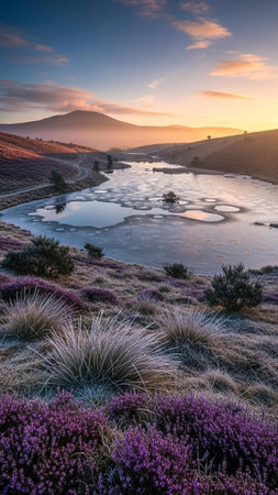 A serene landscape of a river flowing through a valley at sunsetの写真素材