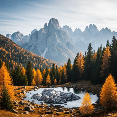 A serene mountain landscape with a lake and trees in autumn colorsの写真素材