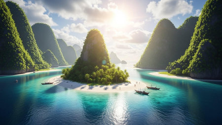 Small island with dense greenery, surrounded by clear blue water and boats