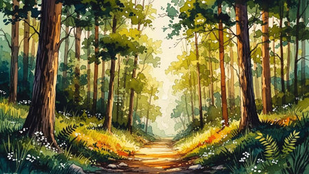 Bright forest path with tall trees and sunlightの写真素材