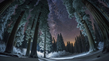 Dark forest with snow-covered trees and stars