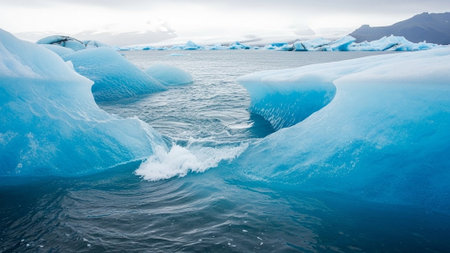 Large icebergs in deep blue water with waves