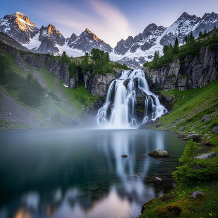 Waterfall cascading into a calm lake with mountain reflectionの写真素材