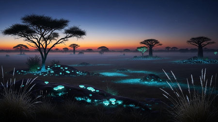 Nighttime savannah with glowing blue fungi, baobab trees, and acacia treesの写真素材