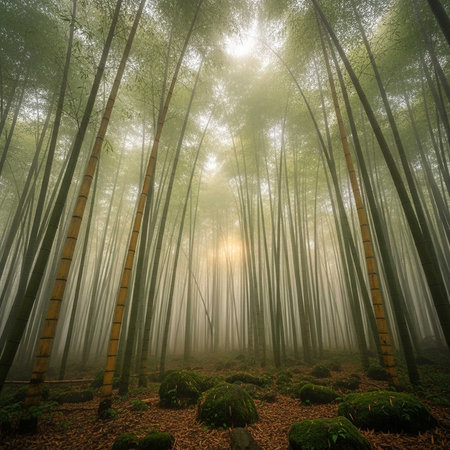 Tall trees in a foggy forest with sunlightの写真素材