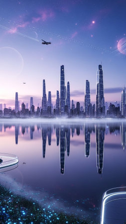 Modern skyscrapers reflected in calm water at duskの写真素材