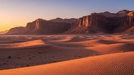 Vast desert with sand dunes and rugged mountains during sunsetの写真素材