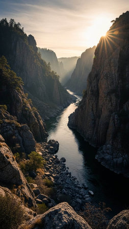 River flowing through a sunlit canyon with rocky cliffsの写真素材