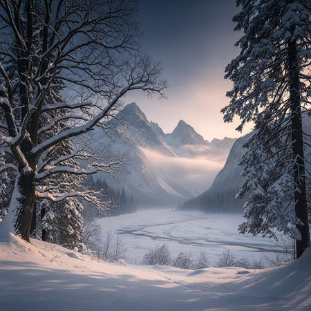 Winter scene of snow-covered mountains, river, and pine treesの写真素材
