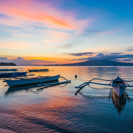 Sunset reflecting on water with outrigger boatsの写真素材