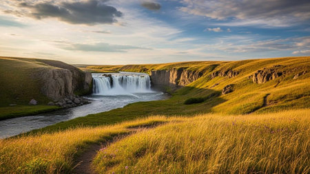 Waterfall cascading into a canyon surrounded by golden grassの写真素材