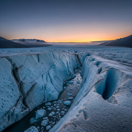 Ice canyon with meltwater stream at sunset