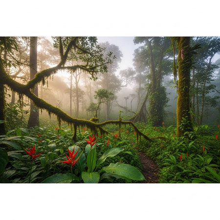 Lush green forest with misty sunlight and red flowers