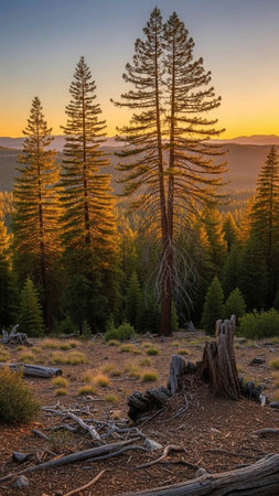 Tall pine trees in a forest at sunset