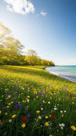 Colorful wildflowers on a grassy hill by a lakeの写真素材