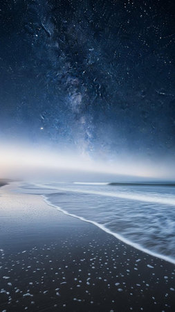 Night sky with Milky Way over calm beach wavesの写真素材