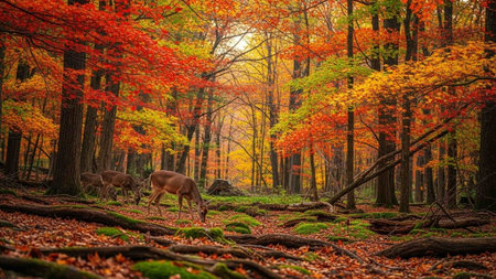 Two deer in a vibrant autumn forest with fallen leavesの写真素材