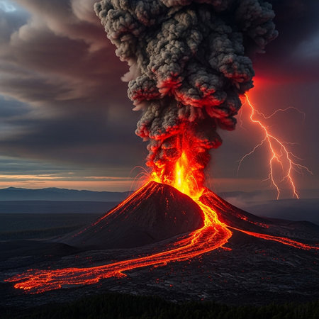 Dramatic volcano eruption with lightning, lava, and dark clouds