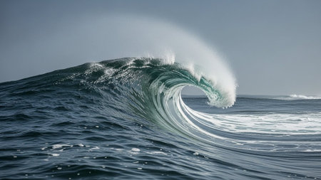 Large wave curling over deep blue ocean water
