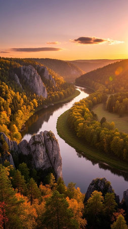 River winding through autumn forest at sunsetの写真素材