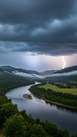 Storm clouds over river, mountains, and lush greenery