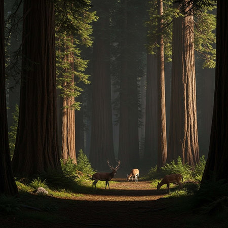 Three deer in a lush forest clearing