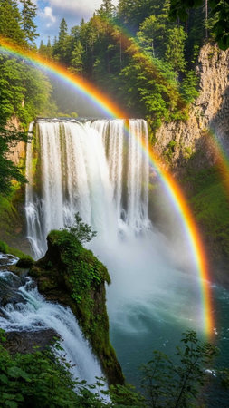 Rainbow arches over cascading waterfall in green forest