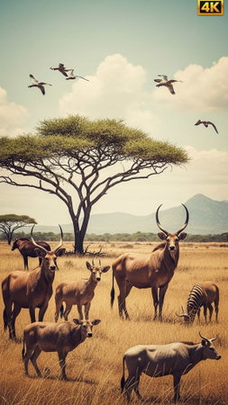 Antelopes and zebra grazing under acacia treeの写真素材