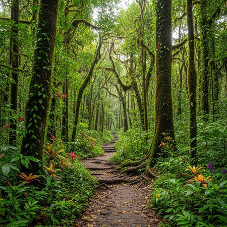 Serene woodland trail surrounded by greenery and flowersの写真素材