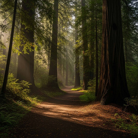 A peaceful forest trail surrounded by tall trees and sunlightの写真素材