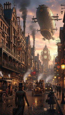 Victorian city with airship, horse carriages, and bustling streetsの写真素材