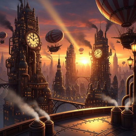 Fantasy city with clock towers, airships, and steamの写真素材