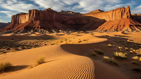Rugged red rock formations in a sandy desertの写真素材