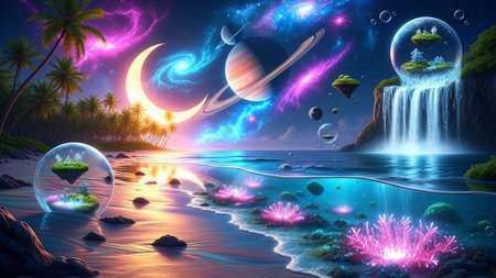 Colorful surreal scene with planets, floating islands, and waterfalls