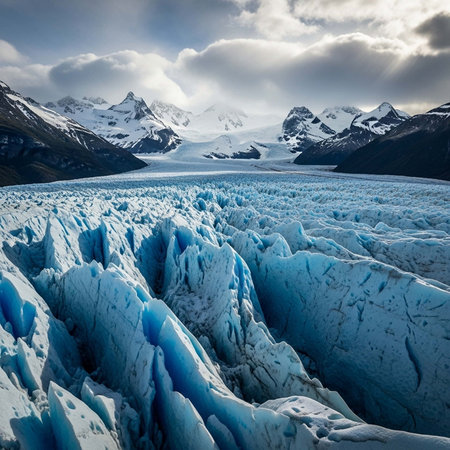 Blue glacier with rugged ice formations and snow-capped peaks