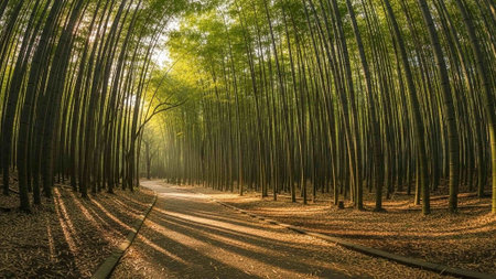Sun rays illuminating a forest path with tall treesの写真素材